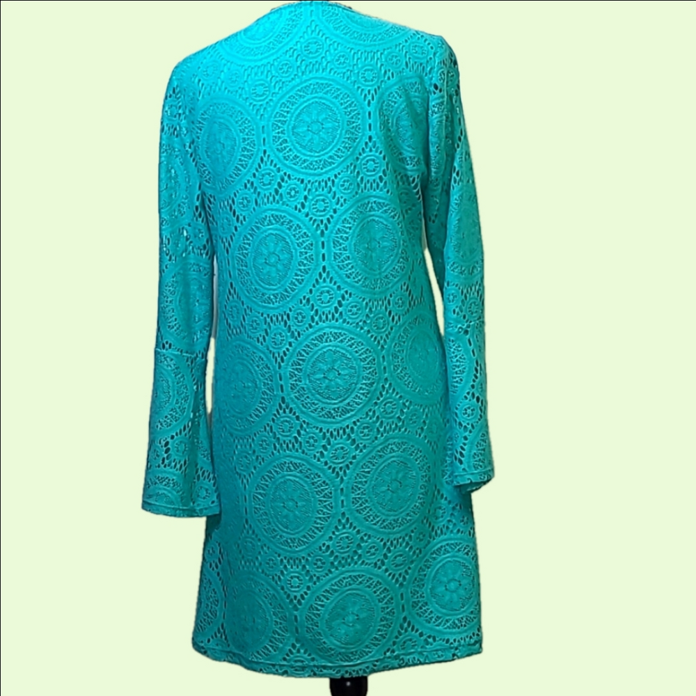 Tacera long bell sleeved teal dress. Lined crochet. Sz. S - Picture 5 of 8